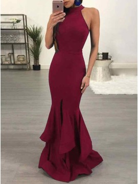 Mermaid Jewel Floor-Length Burgundy Prom Dress with Ruffles