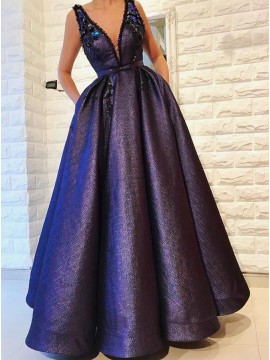 A-Line V-Neck Floor-Length Purple Prom Dress with Pockets Beading