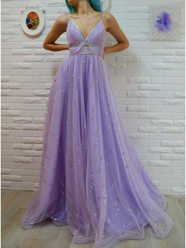 A-Line Spaghetti Straps Floor-Length Lavender Prom Dress with Sequins