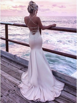 Spaghetti Strap Tight Long Blush Mermaid Prom Dress with Appliques