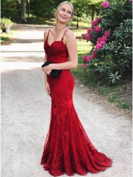 Mermaid Formal Gown Backless Long Red Prom Dress with Appliques