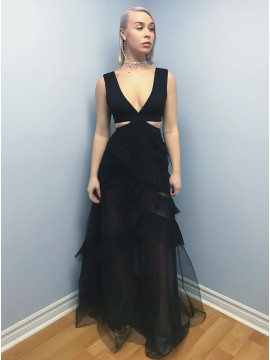 A-Line V-Neck Floor-Length Black Cut Out Prom Dress with Ruffles