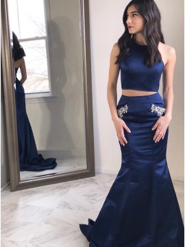 Two Piece Halter Backless Sweep Train Navy Blue Prom Dress with Beading Pockets
