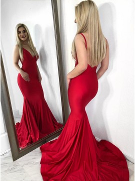 Mermaid V-Neck Backless Sweep Train Red Prom Dress