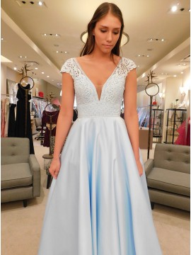 A-Line V-Neck Cap Sleeves Floor-Length Light Blue Prom Dress with Lace