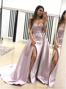 A-Line Sweetheart Sweep Train Lilac Detachable Prom Dress with Appliques Split