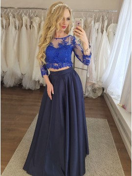 Two Piece Round Neck Floor-Length Navy Blue Prom Dress with Appliques Beading