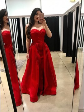 A-Line Sweetheart Floor-Length Red Detachable Prom Dress with Ruched