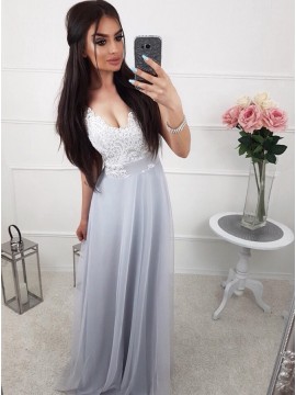 A-Line V-Neck Sleeveless Floor-Length Light Grey Prom Dress with Lace