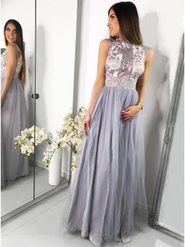 A-Line Jewel Cap Sleeves Floor-Length Grey Prom Dress with Appliques