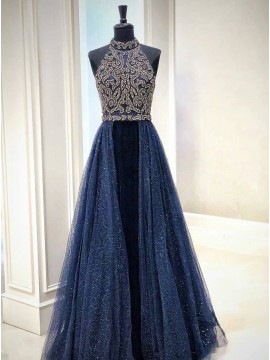 A-Line Halter Floor-Length Dark Blue Detachable Prom Evening Dress with Beading