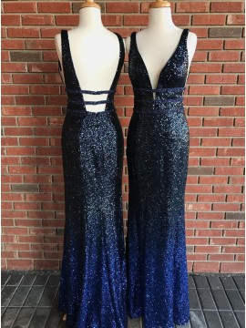 Mermaid Deep V-Neck Backless Floor-Length Dark Blue Sequined Prom Dress
