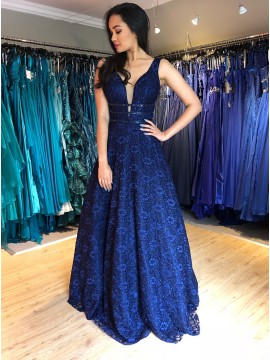 A-Line V-Neck Backless Floor-Length Dark Blue Lace Prom Dress with Beading