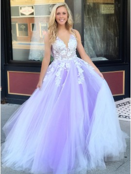 A-Line V-Neck Backless Floor-Length Lilac Prom Dress with Appliques 