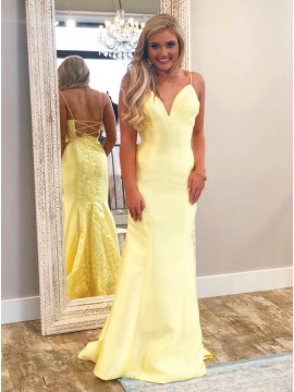 Mermaid Spaghetti Straps Lace-Up Sweep Train Daffodil Prom Dress with Appliques