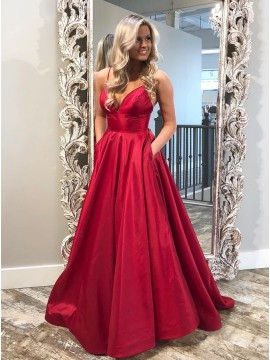 A-Line Spaghetti Straps Sweep Train Red Satin Prom Dress with Pockets