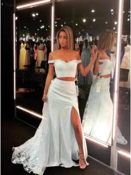 Two Piece Off-the-Shoulder Long Over Skirt Light Blue Prom Dress with Appliques Split