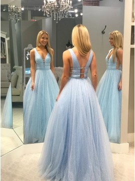 A-Line V-Neck Floor-Length Light Blue Prom Dress with Sequins Beading