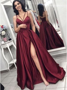 A-Line Spaghetti Straps Long Party Dress Burgundy Prom Dress with Split Pockets