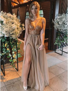 A-Line V-Neck Floor-Length Champagne Prom Dress with Beading Split
