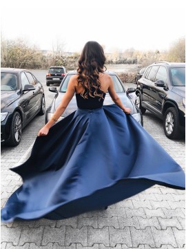 Long Halter Mermaid Party Dress Velvet Detachable Navy Blue Prom Dress