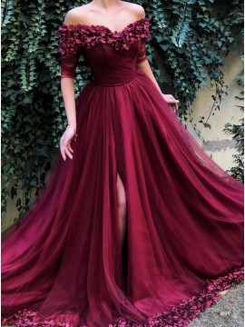 A-Line Off-the-Shoulder Half Sleeves Burgundy Long Prom Dress with Flowers Split