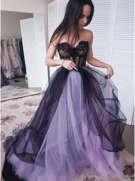 A-Line Sweetheart Sweep Train Purple Prom Dress with Appliques Beading