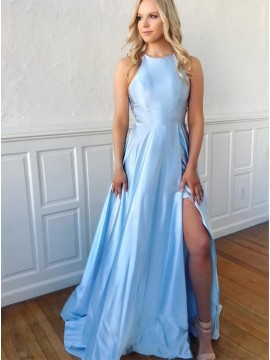 Simple Halter Blue Prom Dress with Split Satin Long Sleeveless Party Dress