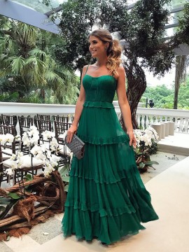 Spaghetti Straps Green Prom Dress with Tiered Sleeveless Long Party Dress