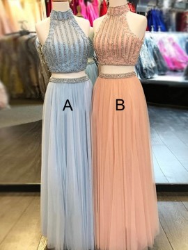High Neck Peach Two Piece Prom Dress with Beading Long Blue Prom Gown
