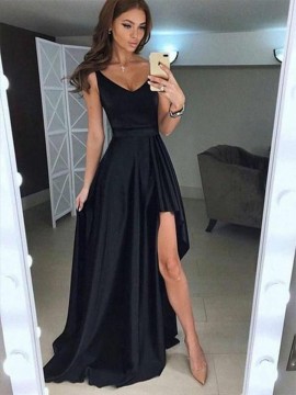 Simple V-Neck Black Prom Dress With Split Sleeveless Long Party Dress