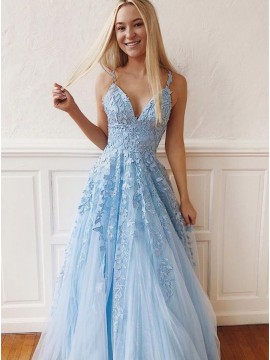 Light Blue Prom Dress with Appliques Sleeveless Long Prom Gown