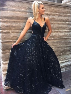 Spaghetti Straps Long Sleeveless Black Prom Dress with Sequin Party Dress