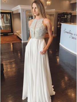 Elegant Jewel Open Back Sleeveless White Prom Dress with Sequin Pockets