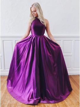 Modest A-Line Jewel Open Back Party Dress Purple Long Prom Dress