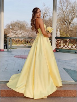 A-Line Satin Spaghetti Straps Long Daffodil Prom Dress with Beading Pockets