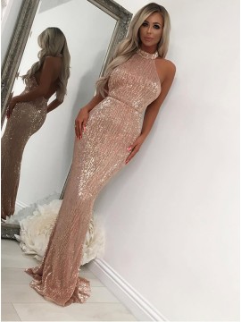 Elegant Mermaid Halter Rose Gold Prom Dress Backless Sequin Evening Dress