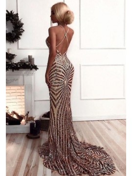 Sexy Deep V-Neck Champagne Long Prom Dress Sequin Mermaid Evening Dress