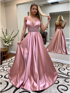 Spaghetti Straps Blush Prom Dress with Beading Long Formal Gown