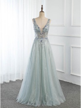 Long Tulle Grey Blue Prom Dress