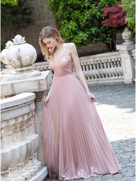 Long Ruched Pink Formal Dress