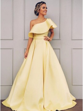 A-Line One-Shoulder Daffodil Prom Dress Long Party Dress with Ruffles