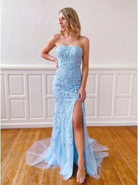 Strapless Long Mermaid Formal Gown Light Blue Prom Dress with Slit