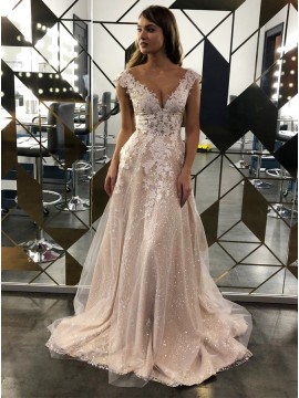 A-Line Sequins Champagne Wedding Dress with Appliques