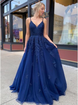 Long Navy Blue Prom Dress with Appliques