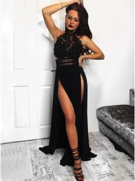 A-Line High Neck Floor-Length Black Prom Dress with Lace Split