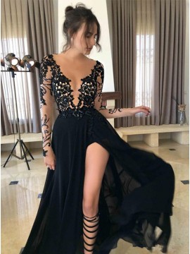 A-Line Round Neck Long Sleeves Black Prom Dress with Lace Legslit