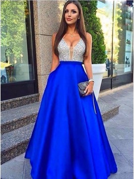 A-Line V-Neck Royal Blue Satin Prom Dress with Beading Pockets