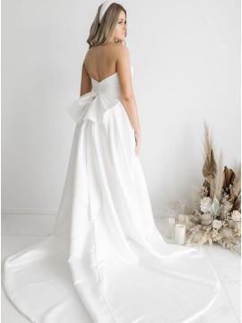 White A-Line Satin Sleeveless Court Train Wedding Dress with Strapless