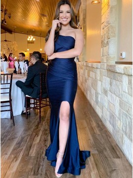 Navy Blue Satin Long Prom Dress